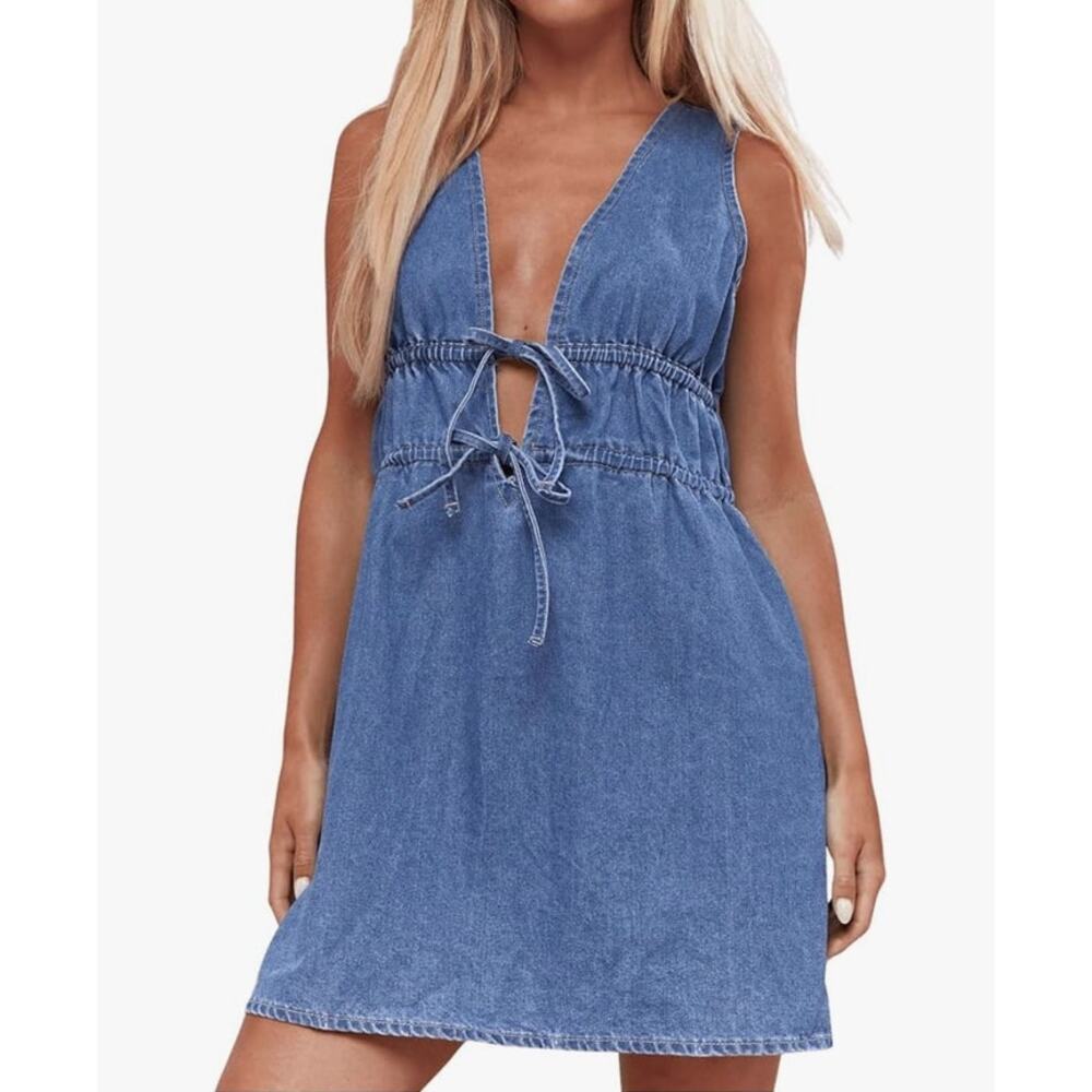 NWT MISSGUIDED Bow Detail Plunge Neck Denim Size M